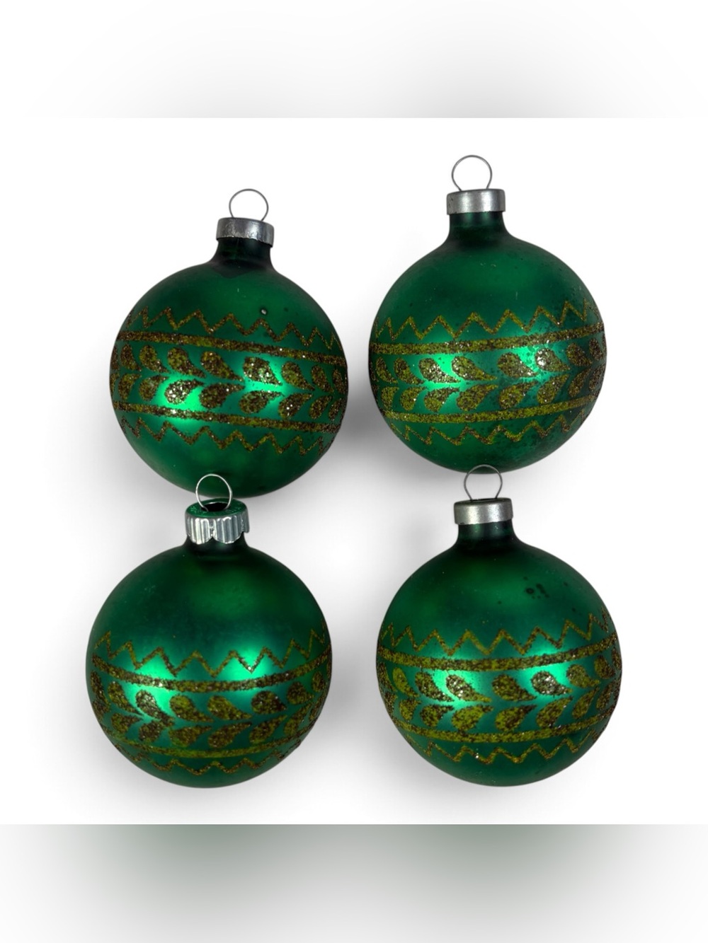 4 Vtg 2.25" Matte Green Mercury Glass Black Mica Stencil Christmas Ornaments